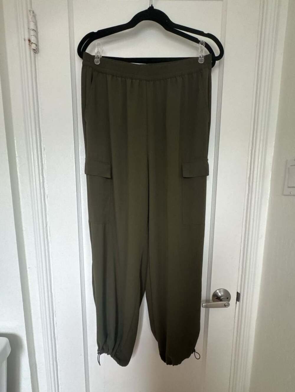 Cargo Jogger Pants Paratrooper Size L Olive Green Elastic Waist Drawstring Milit